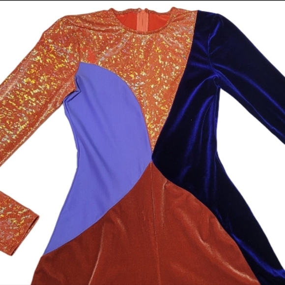 Clio 70s Vintage Patchwork Blue Burnt Orange Velvet Metallic Wide Leg Jumpsuit - Picture 3 of 10